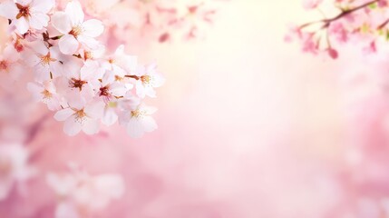 Dreamy pink and white gradient background with blurred cherry blossoms in watercolor painting style, delicate soft tones, elegant blooming flowers creating romantic and mysterious atmosphere.