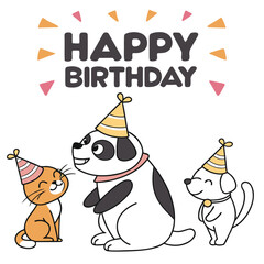 Naklejka premium A cartoon illustration of a happy birthday greeting card with a cat, dog, and panda wearing party hats.