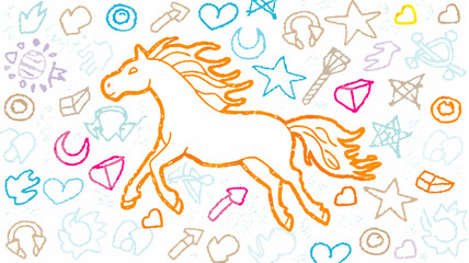 Orange outlined horse with stars hearts and arrows scattered around on a white background design art