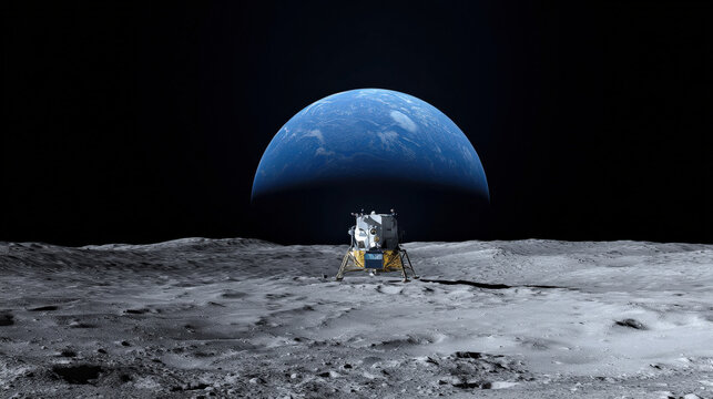 shot of moon lander silhouette against giant Earthrise backdrop minimalistic composition high contrast illustration concept scene visual for commercial design use high detail quality stock image