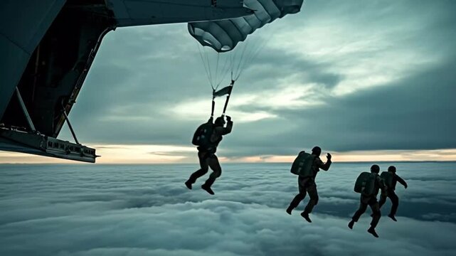 Paratroopers Jumping from Aircraft at Twilight Storm | Cinematic Military Parachute Drop