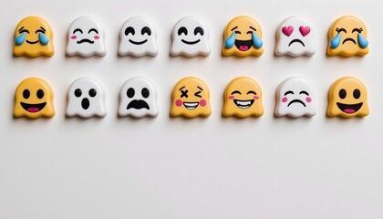 A collection of stylized emoji like figures arranged in a grid pattern against a white background
