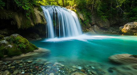 Obraz premium Tranquil Landscape Waterfall Cascading into Crystal Clear Turquoise Stream Nature