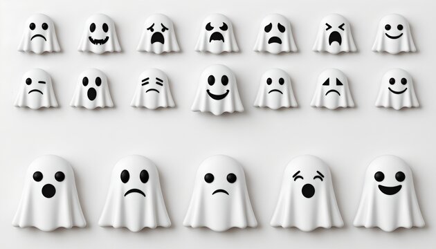 A collection of white ghost shaped cutouts with various facial expressions, arranged neatly in rows against a plain background