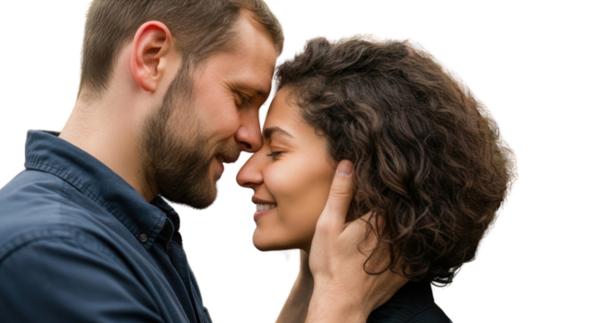 Romantic couple touching foreheads, love and connection isolated PNG with Transparent Background