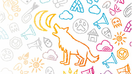 Obraz premium Illustration featuring a howling wolf under a crescent moon surrounded by various doodle elements