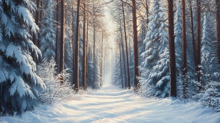 A serene winter forest scene with tall snow-covered trees lining a snow-draped path illuminated by soft light.