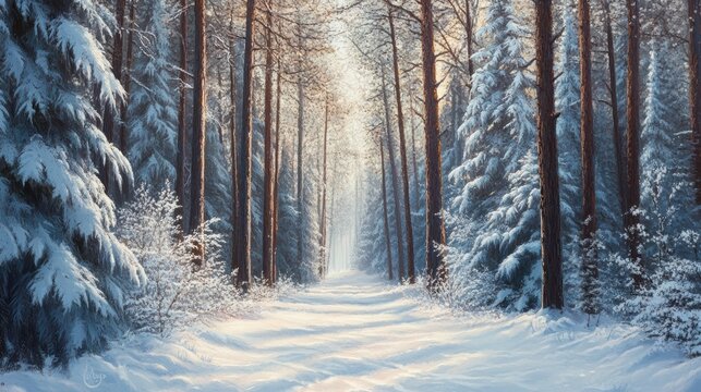 A serene winter forest scene with tall snow-covered trees lining a snow-draped path illuminated by soft light.