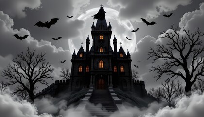 Fototapeta premium A spooky Halloween themed scene features a large gothic castle bathed in moonlight amidst a thick fog