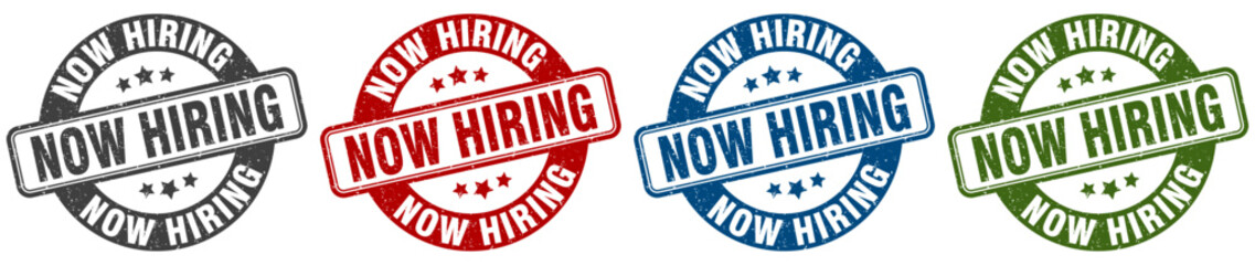 now hiring stamp. now hiring round stamp set isolated on white background