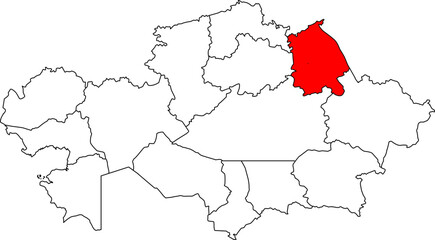 A detailed map of Kazakhstan highlighting the Pavlodar Region (Pavlodar Oblysy). Ideal for showcasing the country's industrial and agricultural sectors, energy resources