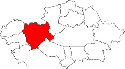 A detailed map of Kazakhstan highlighting the Aktobe Region. Ideal for showcasing the country's economic and industrial potential, cross-border trade with Russia, and geographical studies.

