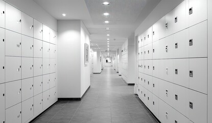 Empty white hallway with lockers (1)