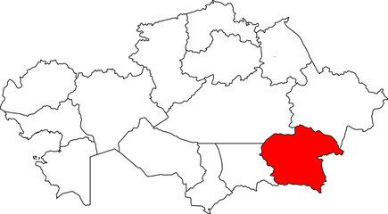 A detailed map of Kazakhstan highlighting the Almaty Region (Almaty Oblysy). Perfect for showcasing regional tourism, economic data, or geographical studies of the country's southeastern part.

