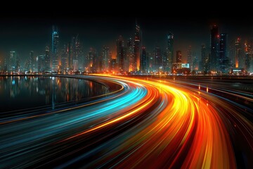 Night city lights blur on a curved road