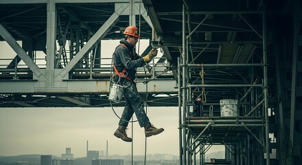 Industrial Rope Access Technician Suspended by Ropes, Performing High-Altitude Maintenance on a Large Metal Structure