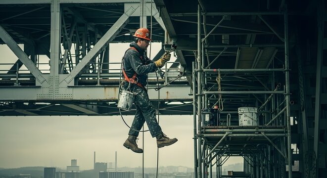 Fototapeta Industrial Rope Access Technician Suspended by Ropes, Performing High-Altitude Maintenance on a Large Metal Structure