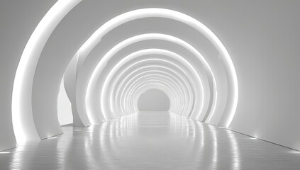 Fototapeta premium Empty white tunnel, glowing arches, smooth surfaces