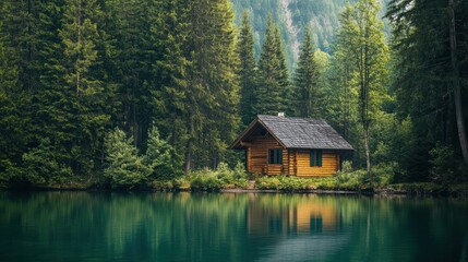 Fototapeta premium A serene wooden cabin nestled by a tranquil lake, surrounded by lush greenery and towering trees, reflecting a peaceful natural landscape.