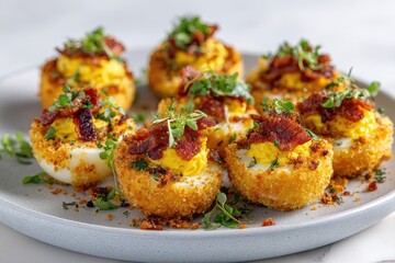 Fototapeta premium Crispy, savory deviled eggs, topped with bacon bits and fresh herbs