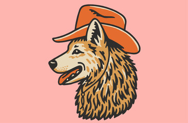 Vintage Western Dogs Illustration. Dog club design. Canine Artwork.  Beagle Dog Head Illustration Brown. Cowboy Hat and Bandana Style. 