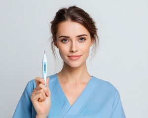 Obraz premium A healthcare professional smiling while holding a thermometer, dressed in a blue scrub uniform, isolated on a light background.