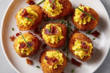 Crispy, golden-brown deviled eggs, topped with crumbled bacon and chives.  Arranged on a white plate