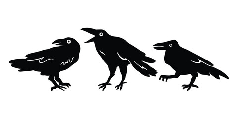 Crow Silhouette Vector Set. Black Raven Bird Illustration Halloween