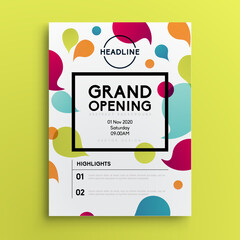 Grand Opening Event Vector Flyer or Poster Design Template with Colorful Abstract Speech Bubbles, Water Drops, and Modern Fun Layout