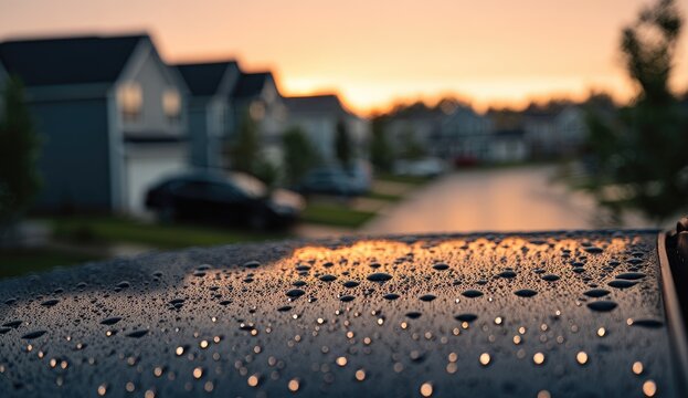 Sunset over a suburban street, water droplets on a dark surface