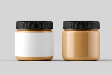 Two jars of peanut butter.  Empty labels on each.  Light gray background