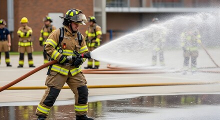 Firefighter in Full Protective Gear Training with High-Pressure Water Hose, Practicing Emergency Response and Safety Procedures Outdoors