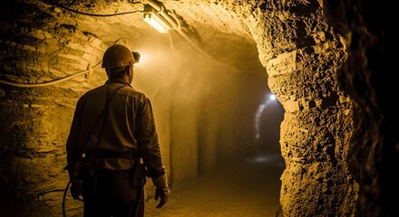Miner with Headlamp Navigating a Dusty, Dimly Lit Underground Tunnel, Highlighting the Challenging Environment of Subterranean Exploration and Indu...