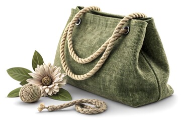 Fototapeta premium Textured green tote bag with rope handles and floral embellishments
