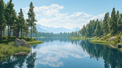 Fototapeta premium A serene lake surrounded by lush green trees and mountains under a bright blue sky, reflecting the tranquil scenery.