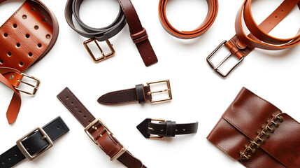Collection of women's trendy leather belts on white background. Women's fashion accessories. Different types of waistbands and leather corset. Flat lay, top view.