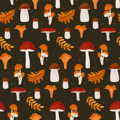Mushrooms and fall leaves seamless autumn pattern. Dark background with forest elements. Seasonal design for fabric, wallpaper, and wrapping paper. Vector illustration