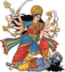 Obraz premium Goddess Durga battling a demon with multiple arms and weapons Hindu goddess Mahishasura