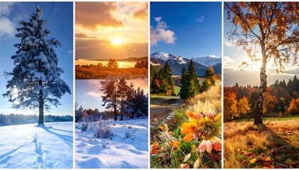 A stunning seasonal landscape collage showcasing winter snow, spring blooms, summer sun, and autumn foliage