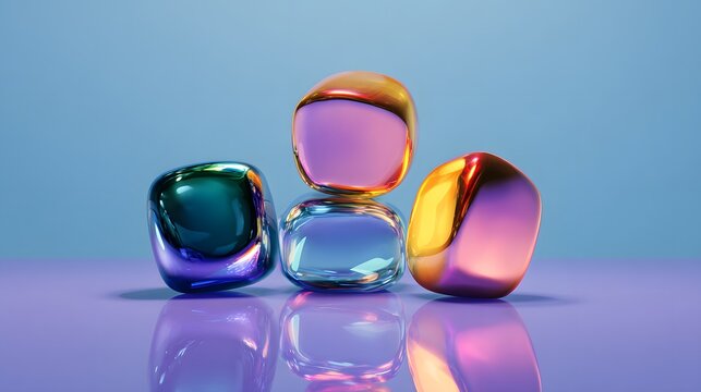 Colorful abstract glass shapes stacked on a reflective surface