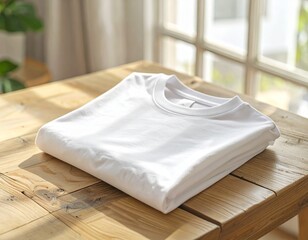 Neatly Folded White Cotton T-Shirt on Wooden Table