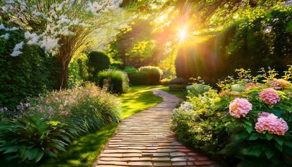 Fototapeta premium sunlit garden path vibrant greens and blossoms