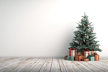 Christmas tree with presents in a white room