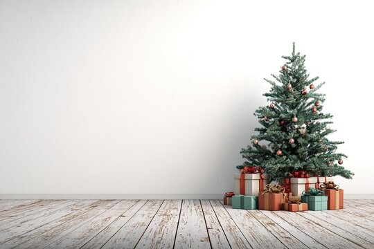 Christmas tree with presents in a white room