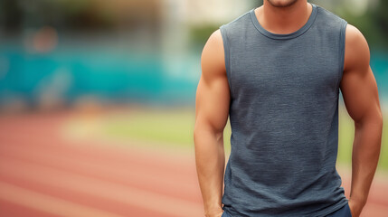 man in sleeveless top, relaxed fit body, blurred running track background (fitness vibe)