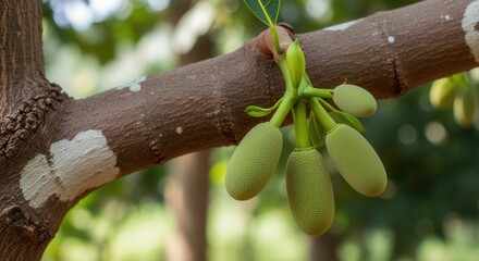 Close-up of developing jackfruits hanging on a tree branch in a tropical setting