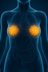 3D Medical Visualization of Female Torso with Transparent Anatomy and Glowing Mammary Glands