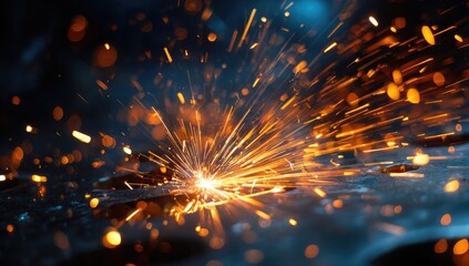 Welding sparks burst from a metal surface