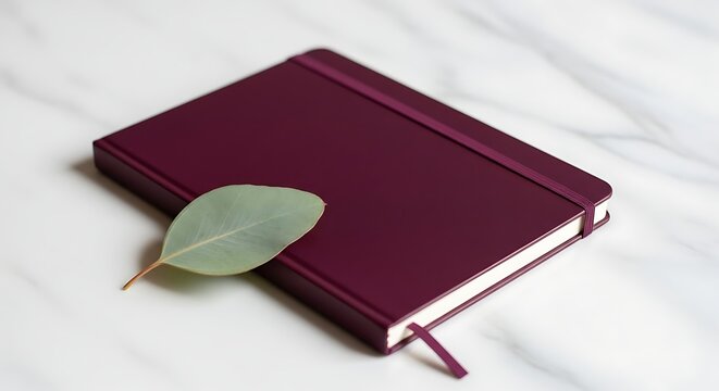 Elegant burgundy journal with a fresh eucalyptus leaf on a marble background, perfect for notes and reflection