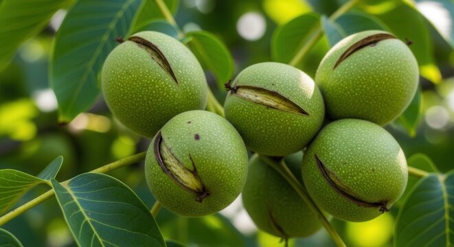 Close-up of ripening green walnuts still in their husks hanging on a tree branch ready to be